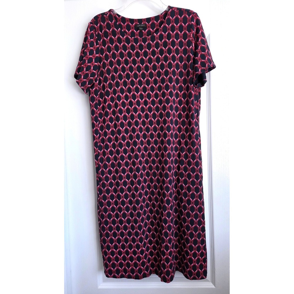 J. Jill Wearever Navy Red Geometric Link Knit Shift Dress Pockets L Tall